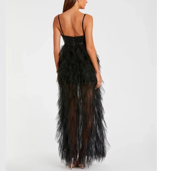 Mac Duggal Black Sequin Mini Gown With High Low Ruffle Tiered Train - Reemoly